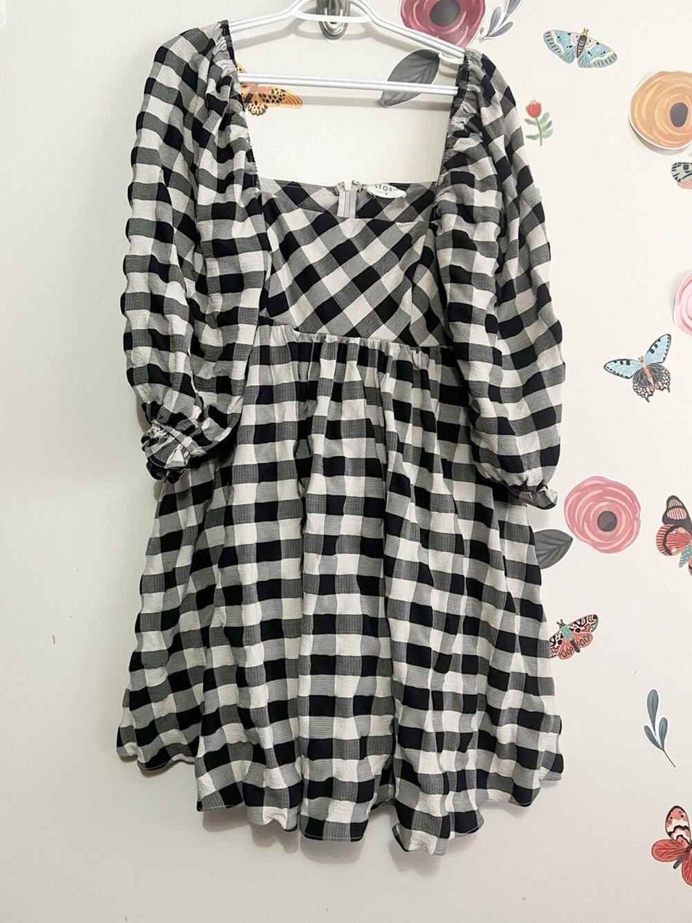 Red Dress Boutique / Storia Black and White Gingham Puff-Sleeve Mini Dress